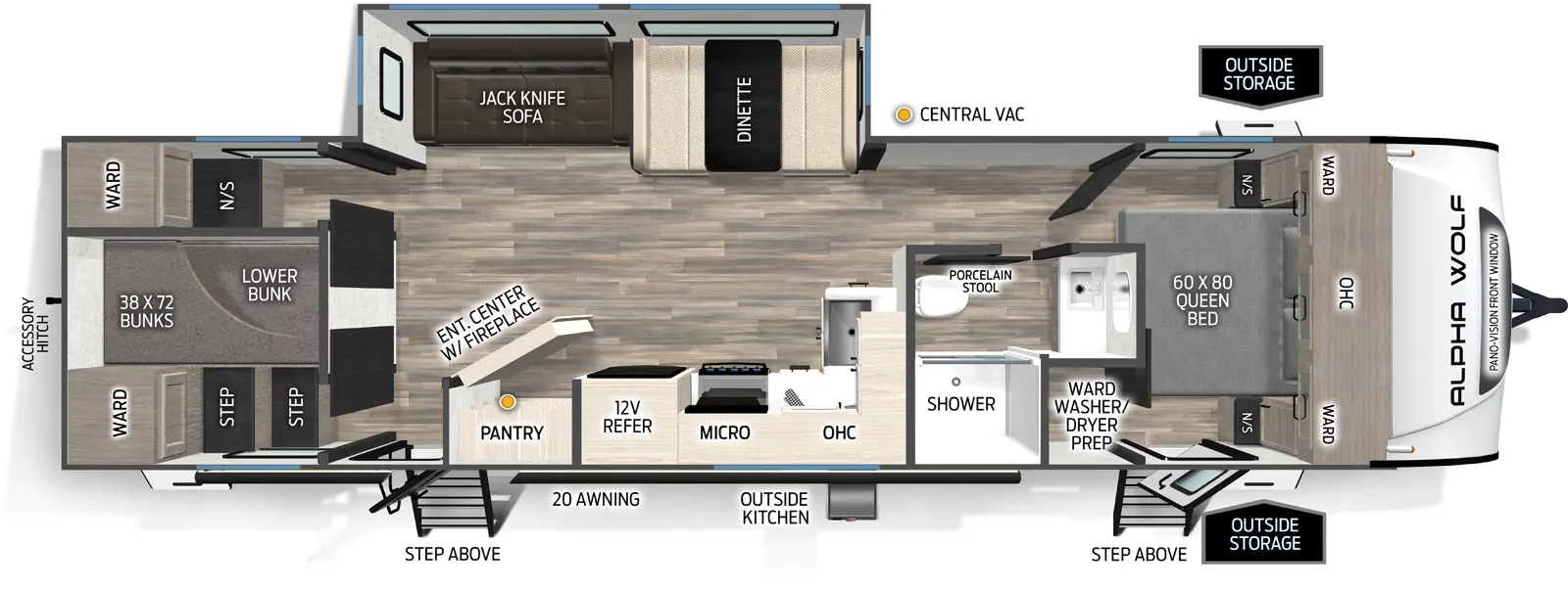The Alpha Wolf 29DCB floorplan has two entries and one slide out. Exterior features include: fiberglass exterior, 20' awning and outside kitchen. Interiors features include: bunk beds and front bedroom.